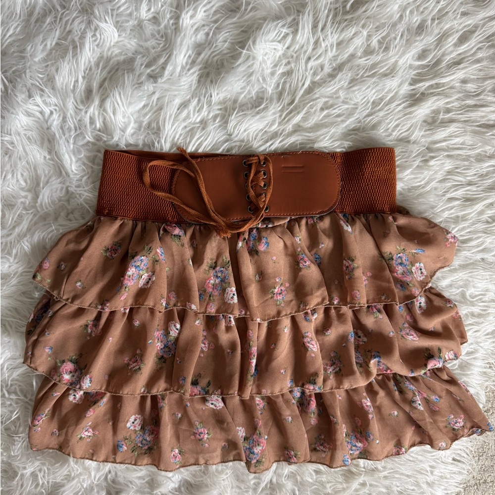 Deb Brown Floral Tiered Mini Skirt